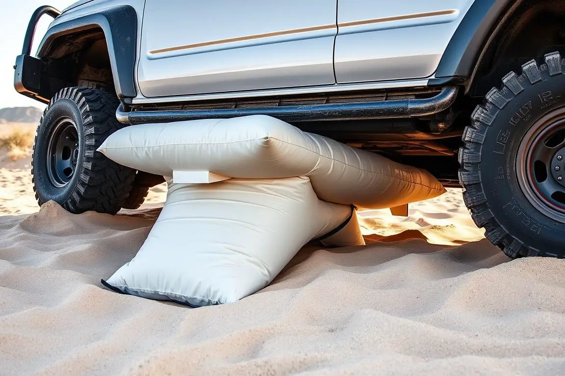 Portable air bag jack lifting an SUV on soft off-road terrain