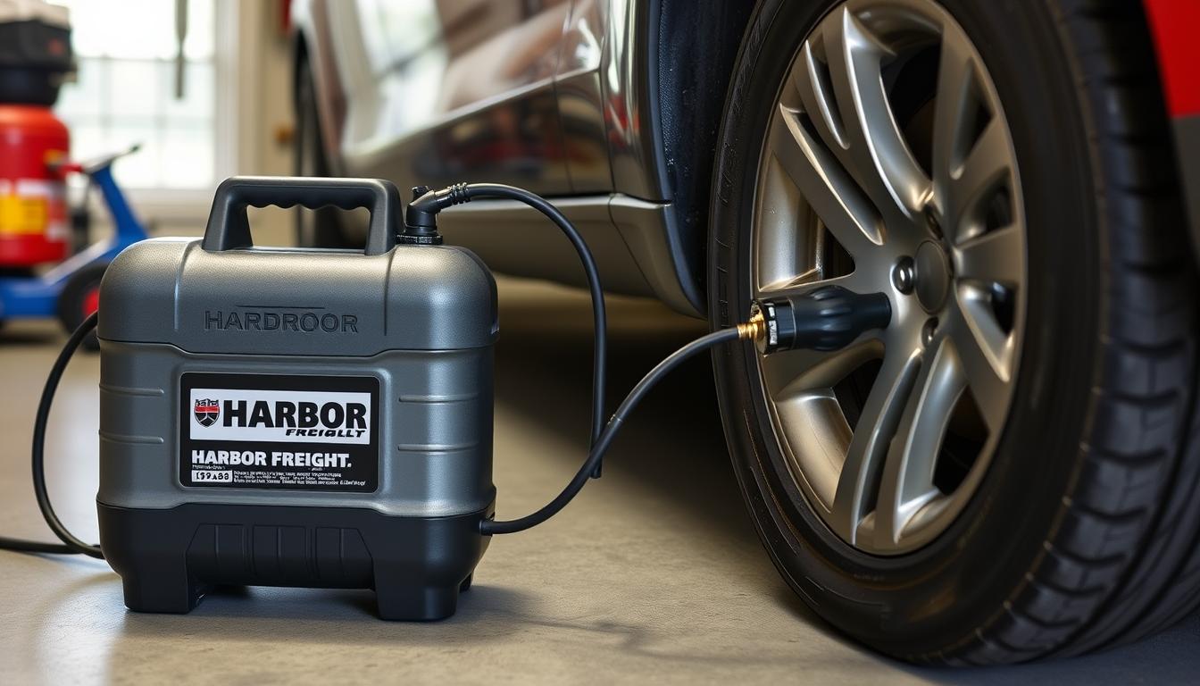 Portable air tank from Harbor Freight being used to inflate a car tire