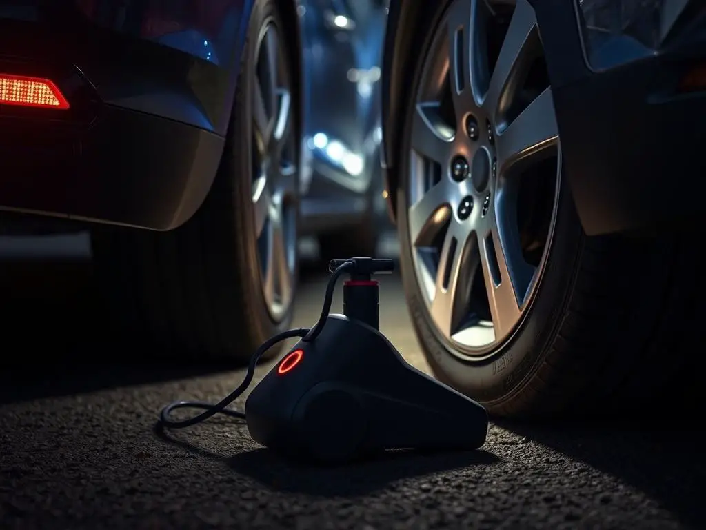 Portable electric car jack being used during a roadside tire change