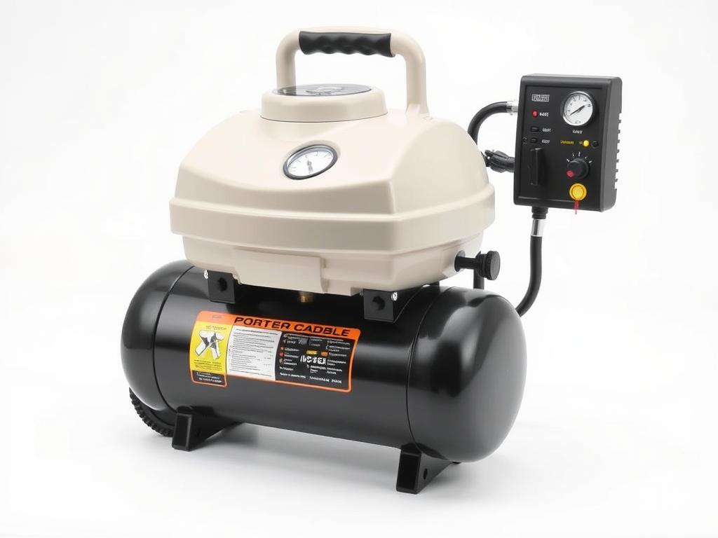 Porter Cable C2002 pancake compressor with its distinctive design and control panel