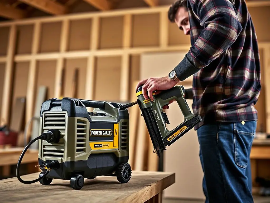 Porter Cable pancake compressor being used for trim carpentry