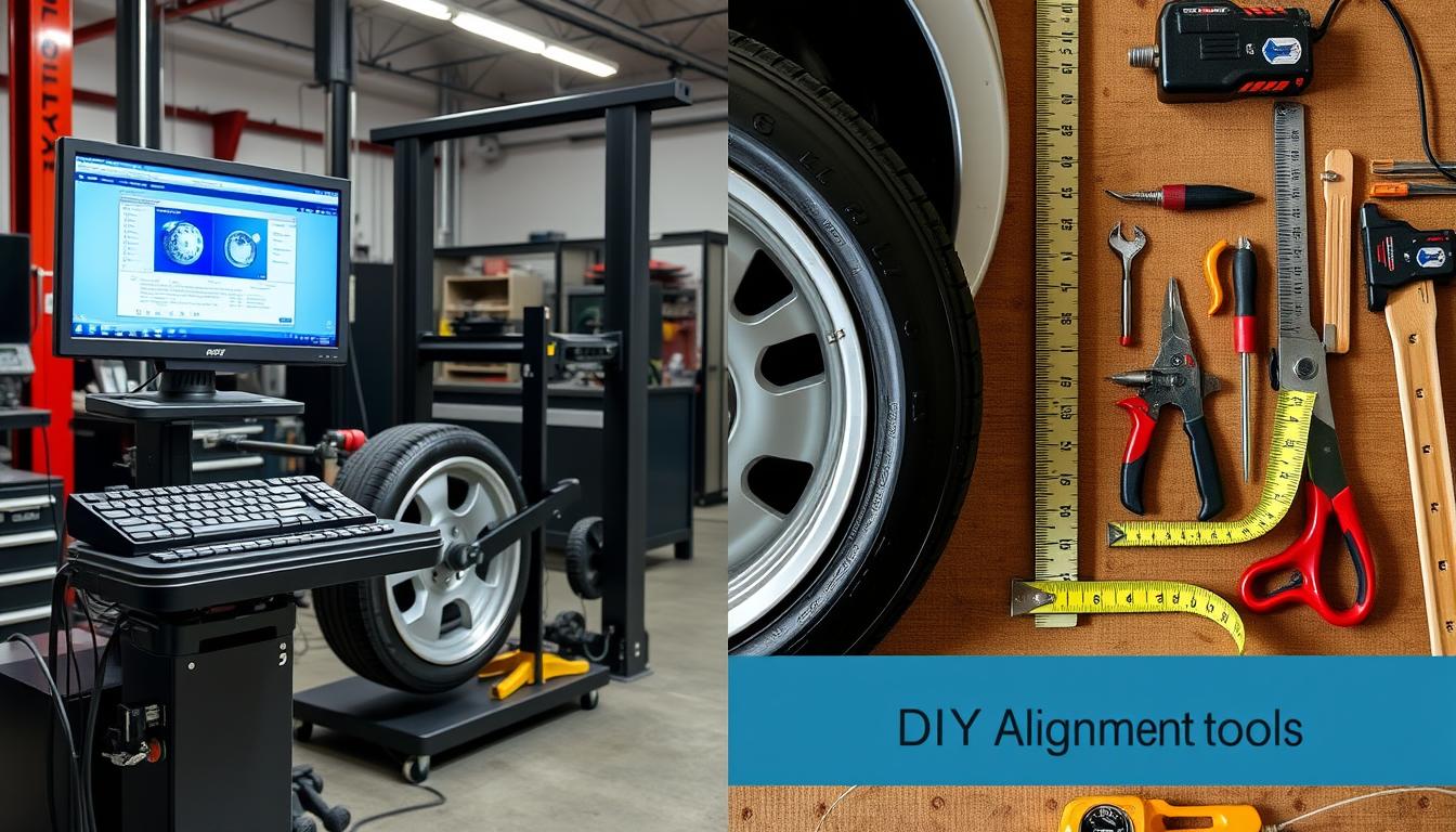 Professional alignment equipment in an auto shop compared to basic tools