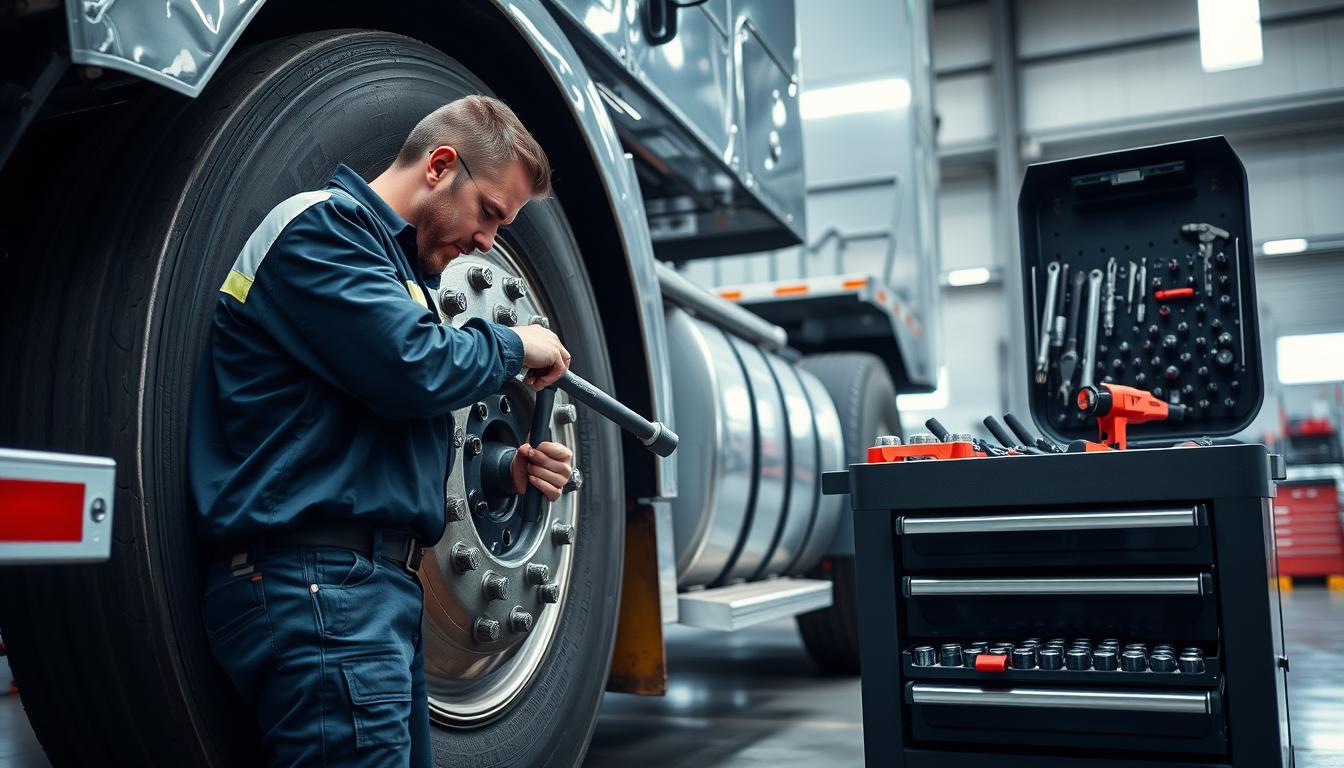 Professional mechanic checking torque on a semi truck wheel with specialized tools