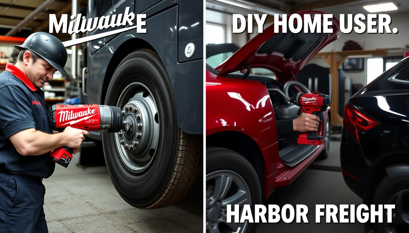 Professional mechanic using Milwaukee impact wrench vs DIY user with Harbor Freight tool