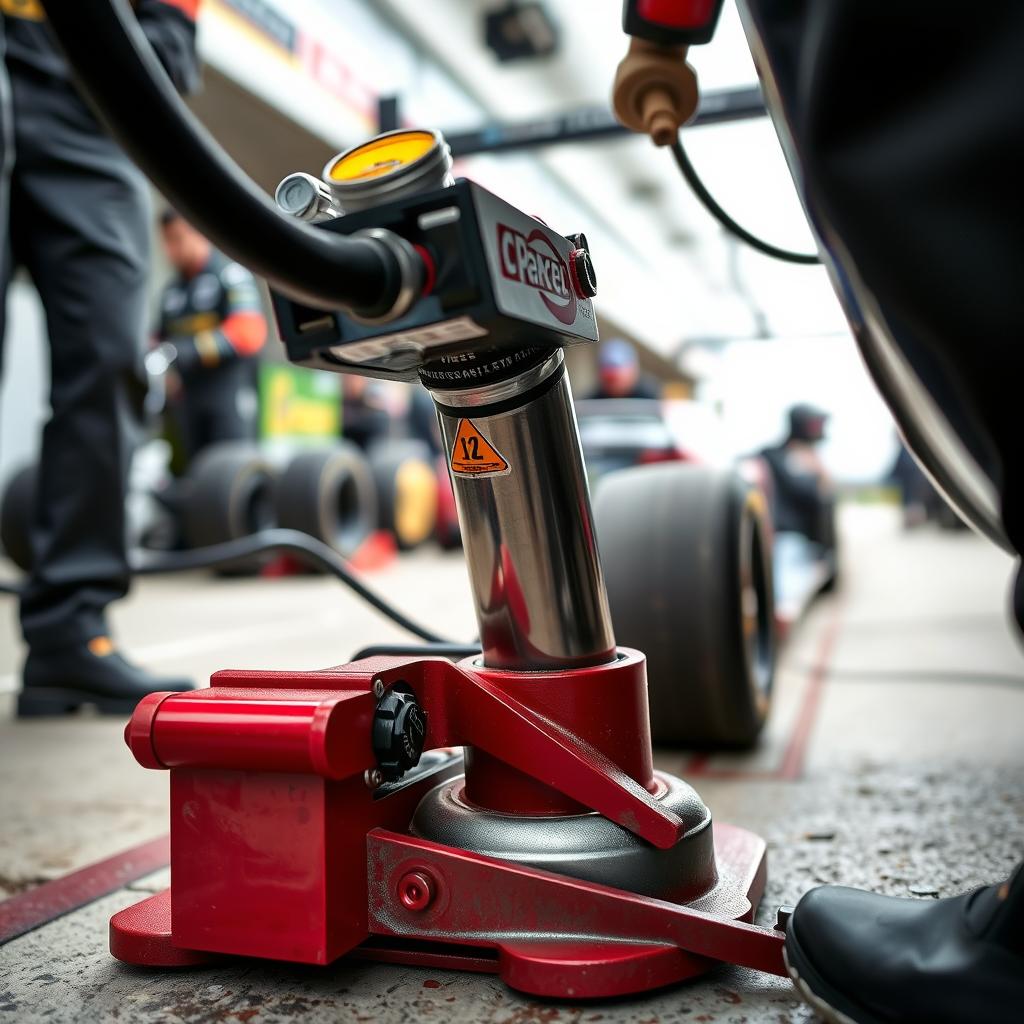 Professional racing air jack system being used during a pit stop