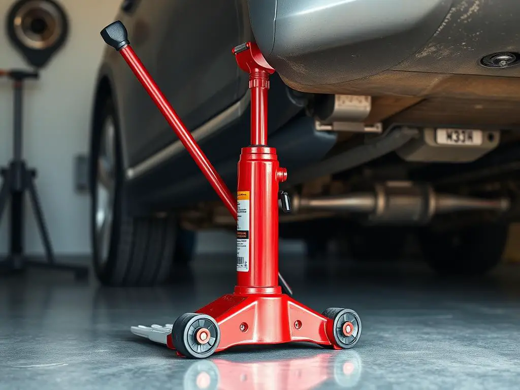 Red hydraulic floor jack lifting a car in a garage
