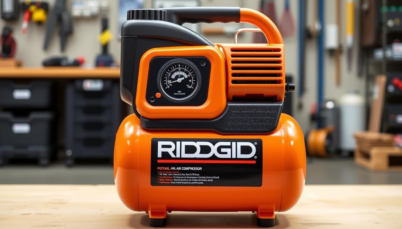 Ridgid 4.5 gallon portable air compressor with orange housing and black trim