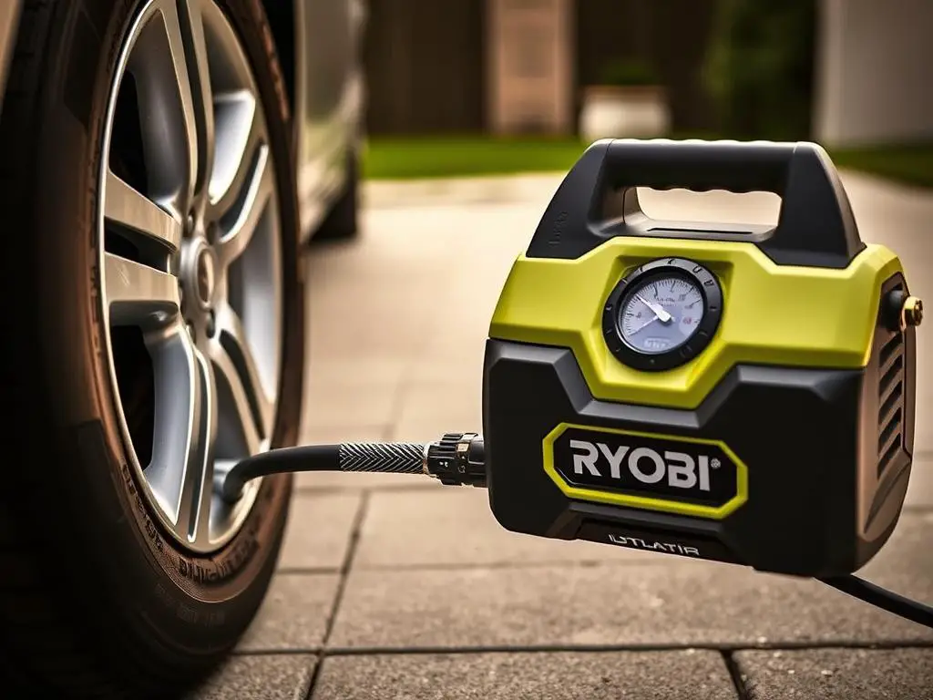 Ryobi portable air compressor inflating a car tire
