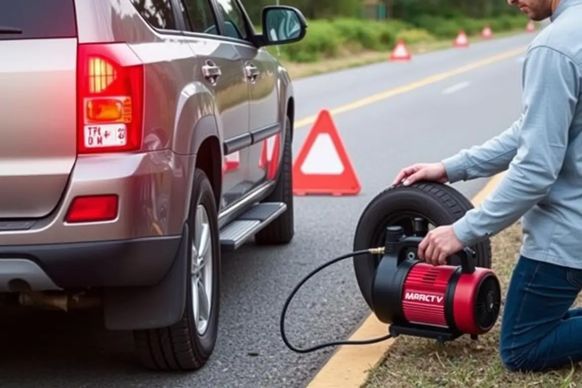 Safe roadside setup for tire inflation with hazard triangles