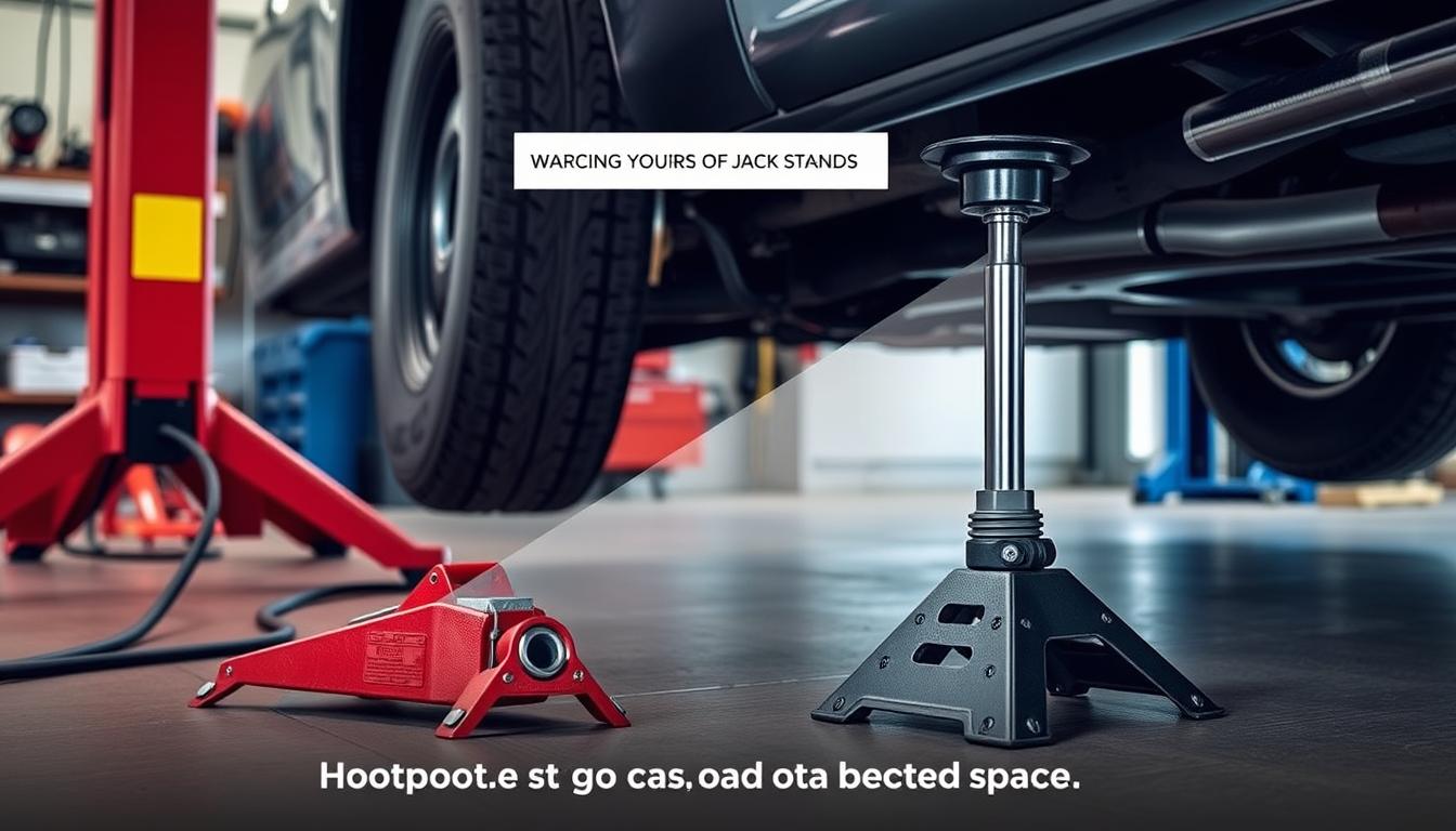 Safety demonstration showing proper use of jack stands with an air jack for car