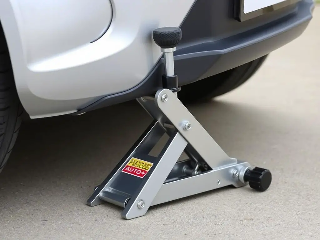 Scissor jack from Princess Auto being used on a compact car