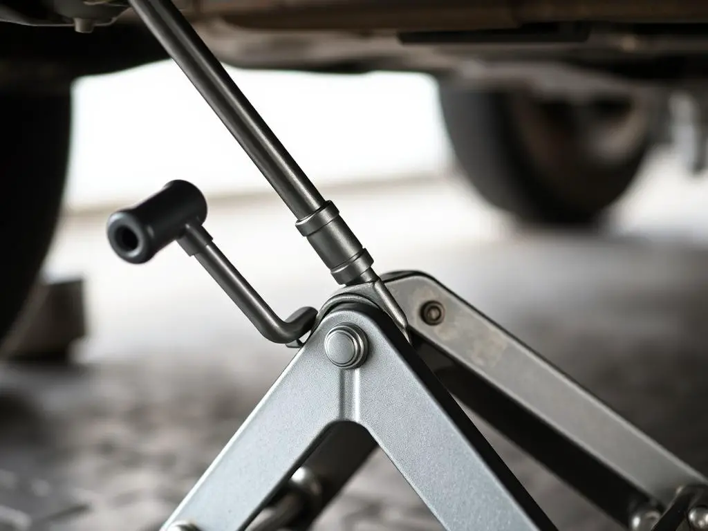Scissor jack with handle being used to lift a car
