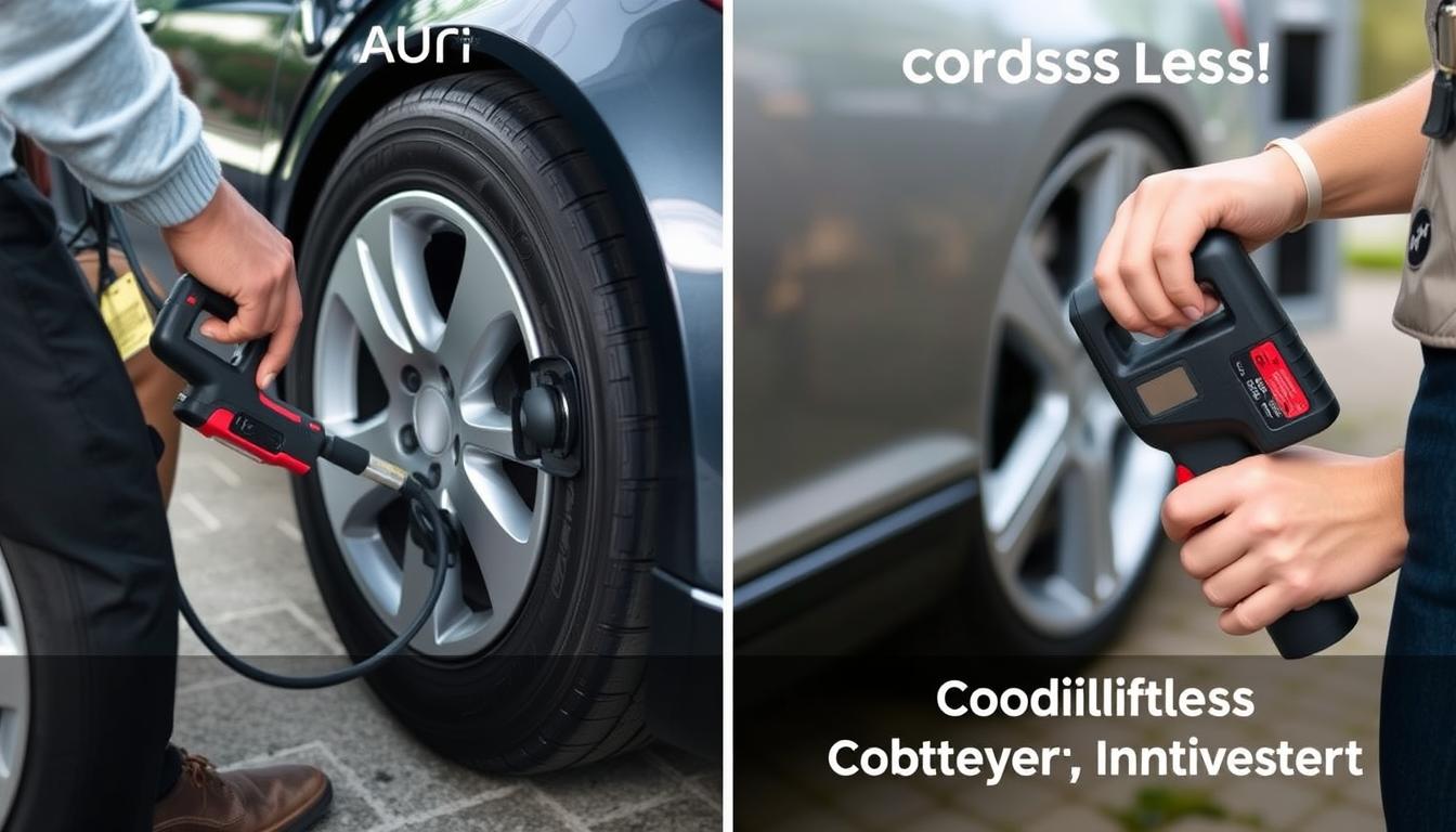 Side-by-side comparison of corded and cordless tire inflators in use