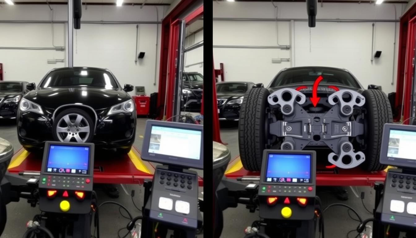 Side-by-side comparison of front-end vs 4-wheel alignment processes