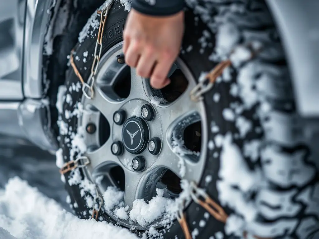 Snow chains being installed on car tire
