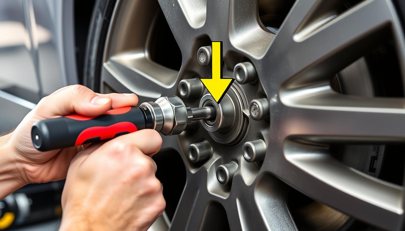 Step-by-step demonstration of using a torque wrench on wheel lug nuts