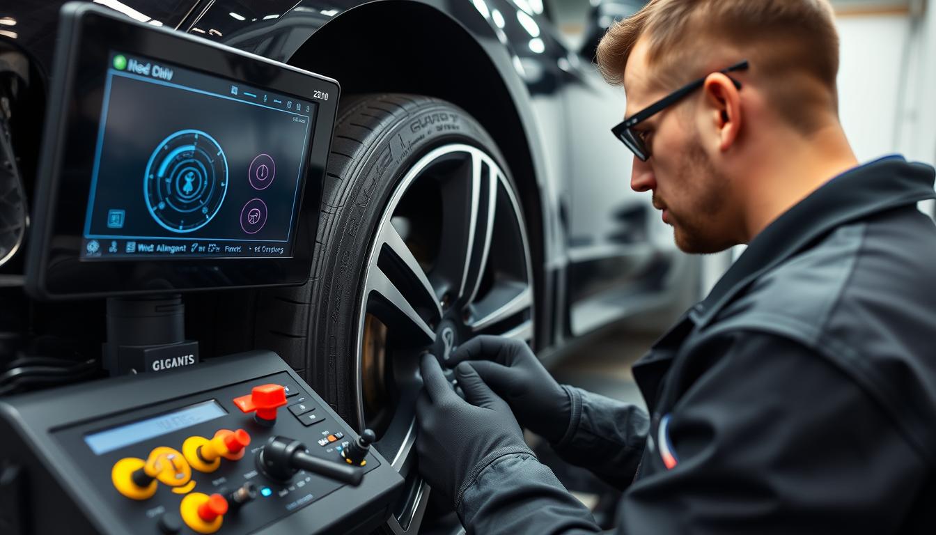Technician adjusting alignment equipment on a luxury vehicle showing cost factors
