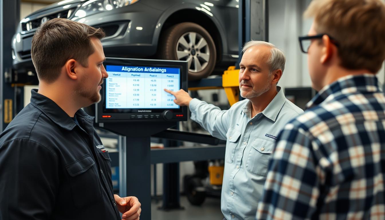 Technician explaining wheel alignment and balancing costs to a customer