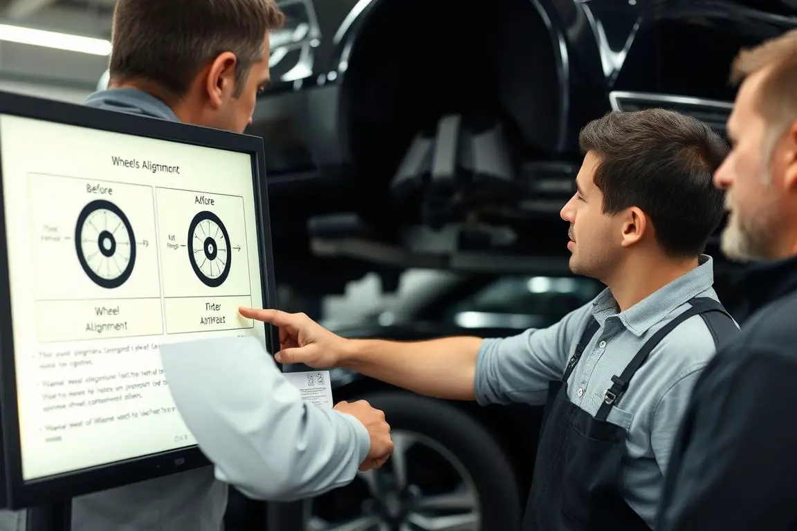 Technician explaining wheel alignment printout to a customer