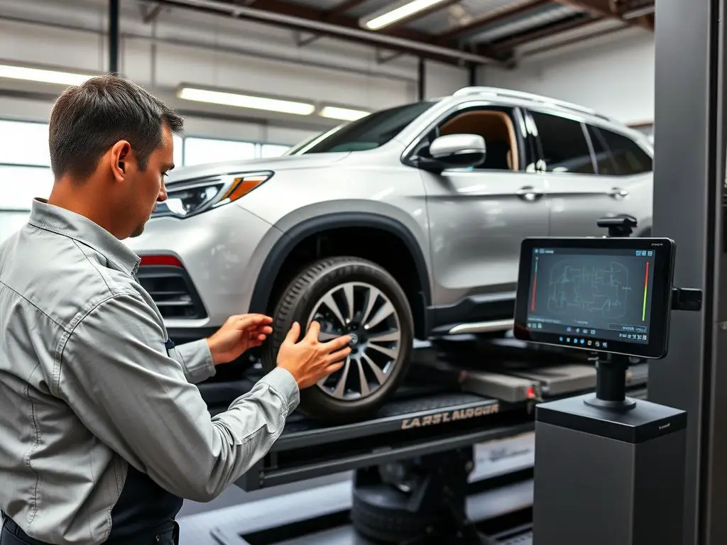 Technician performing a 4-wheel alignment on a modern vehicle