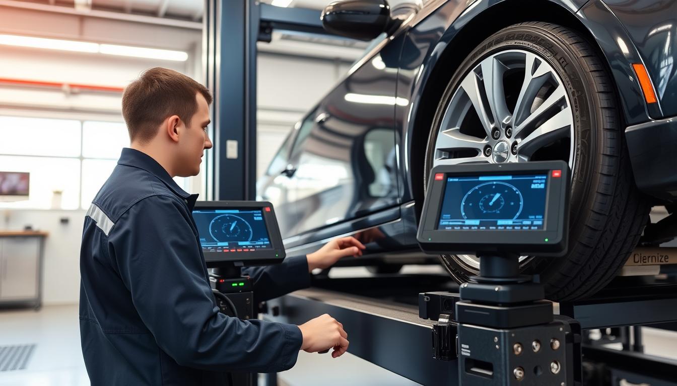 Technician performing wheel alignment and balancing service in 2025