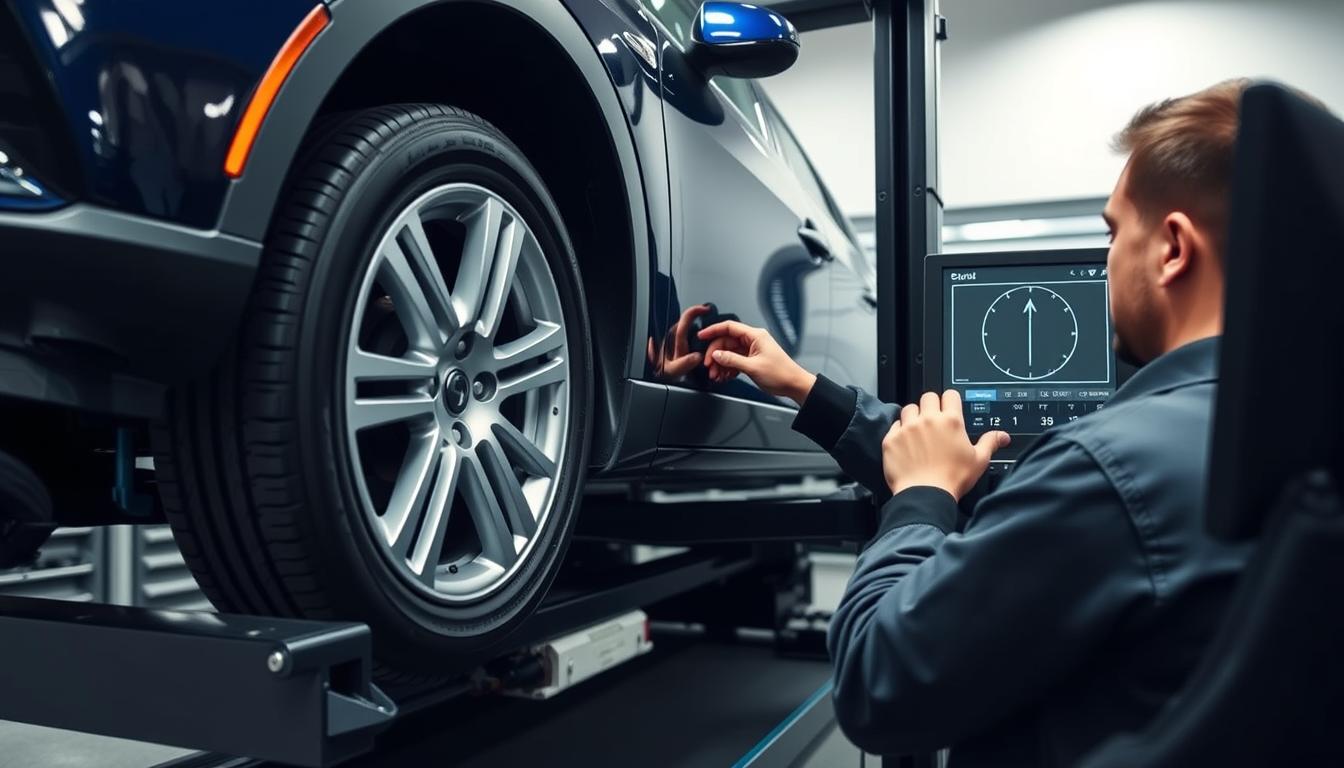Technician performing wheel alignment on a car in 2025 with digital alignment equipment