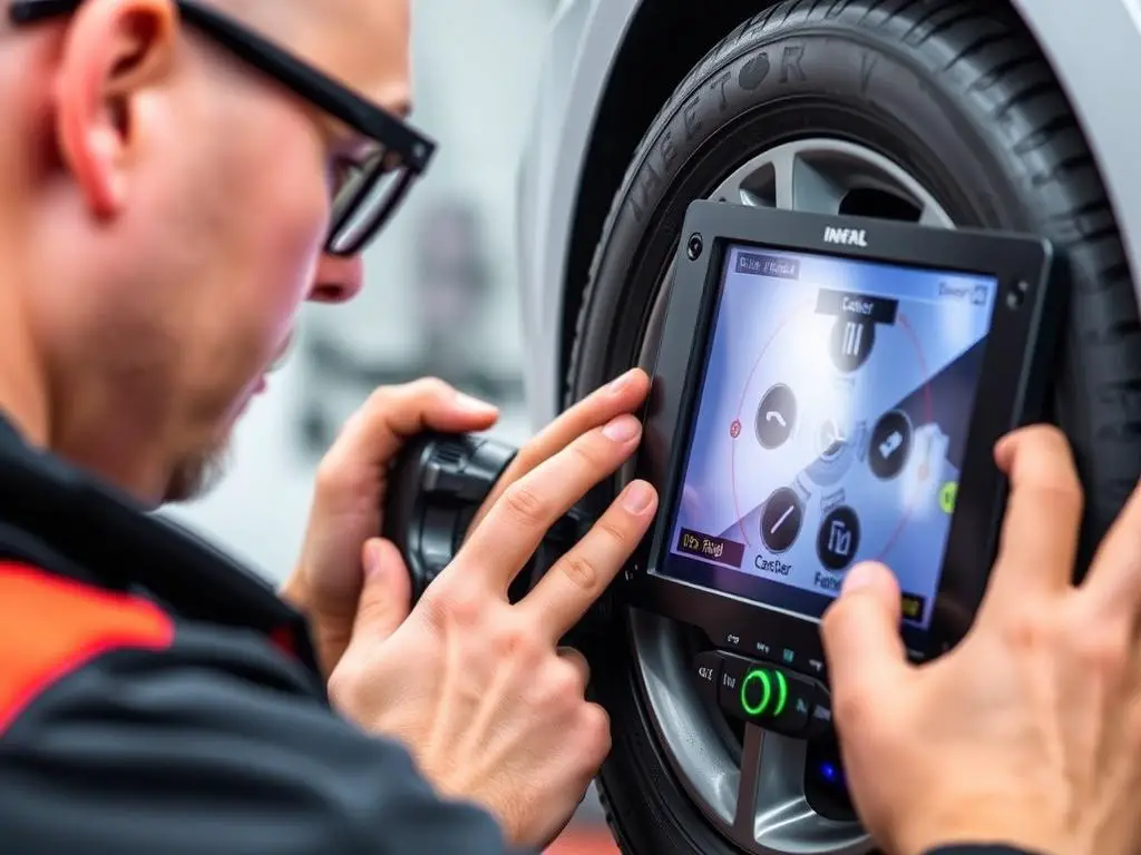 Technician using modern wheel alignment equipment with digital display showing alignment angles