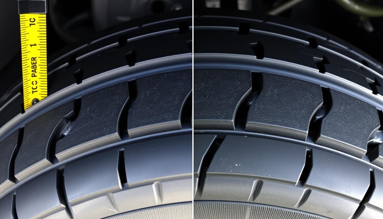 Tire showing uneven wear due to improper camber alignment