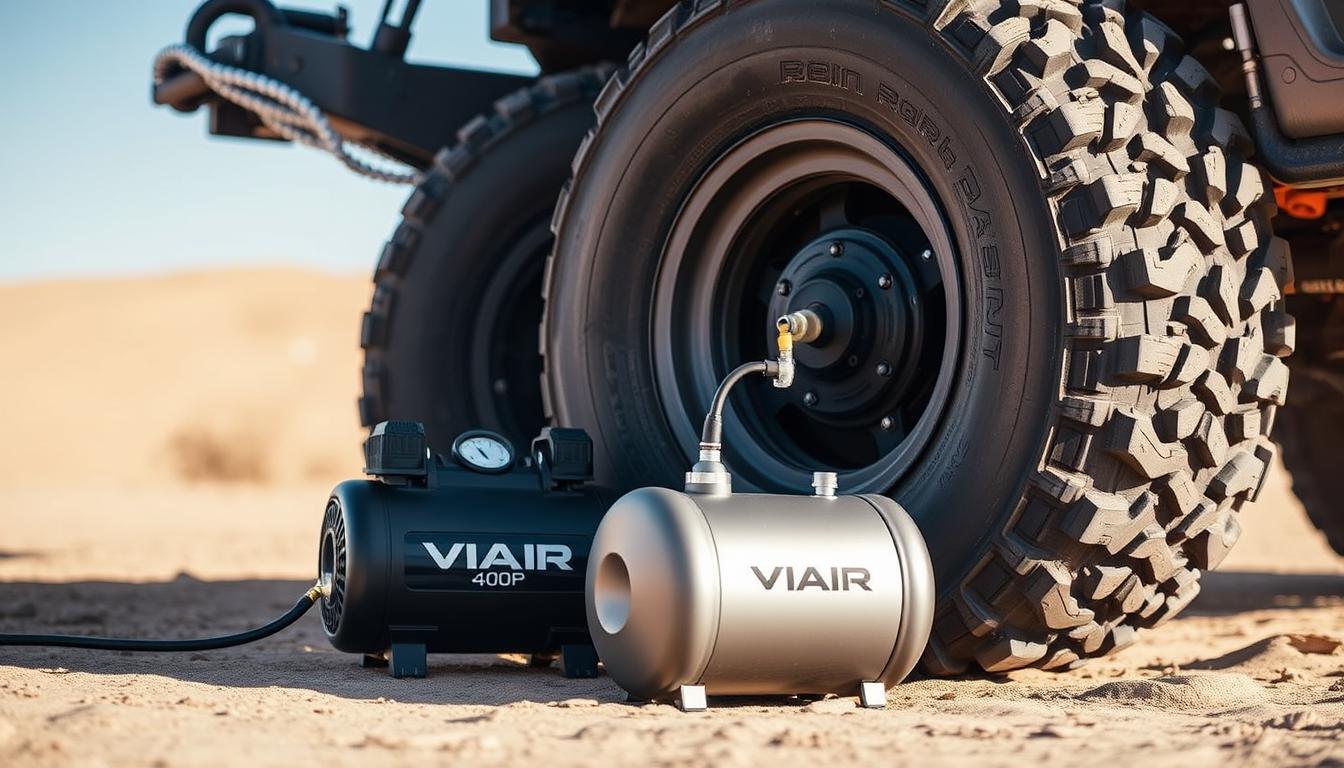 VIAIR 400P portable air compressor being used to inflate off-road vehicle tire
