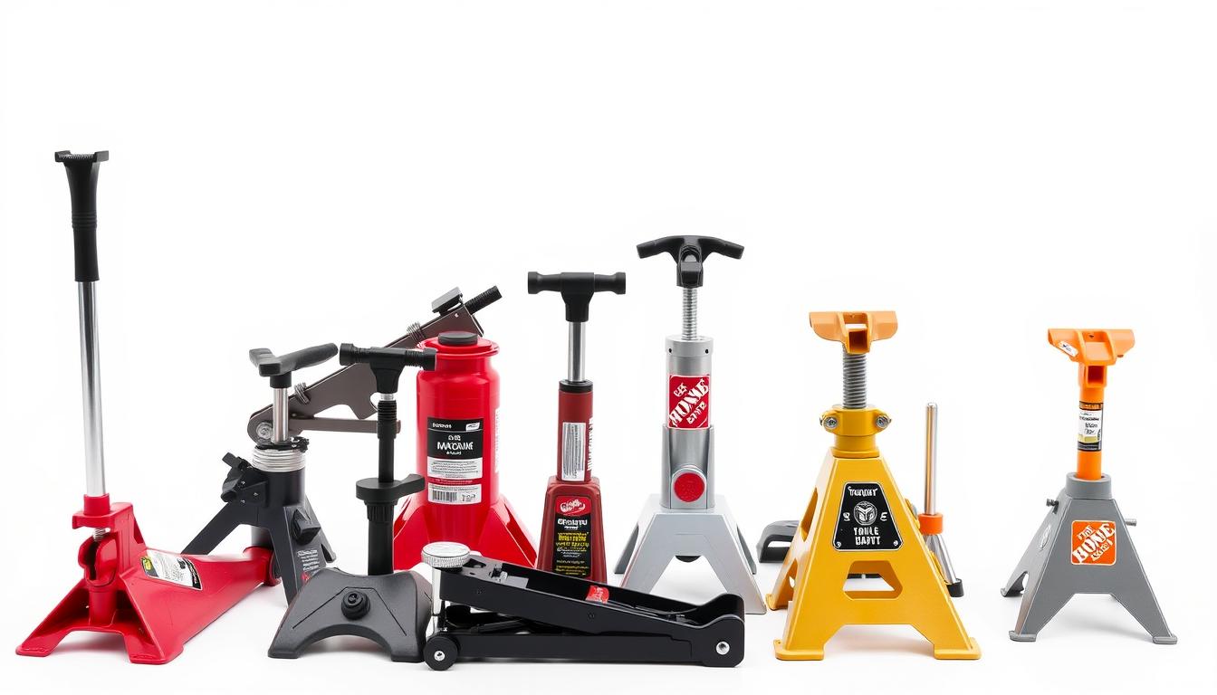 Various car jacks and stands from Canadian Tire, Princess Auto, and Home Depot arranged side by side