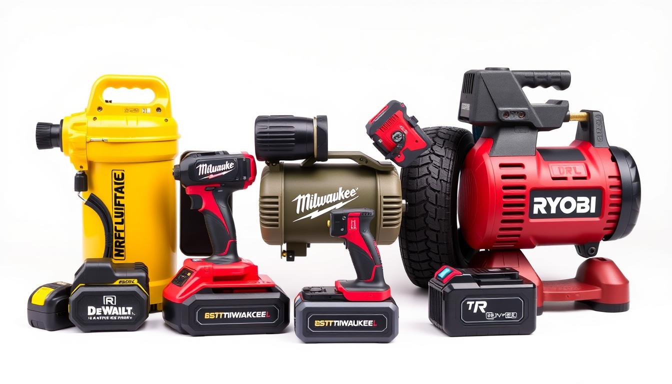 Various cordless and battery-powered air compressors from top brands including DeWalt, Milwaukee and Ryobi