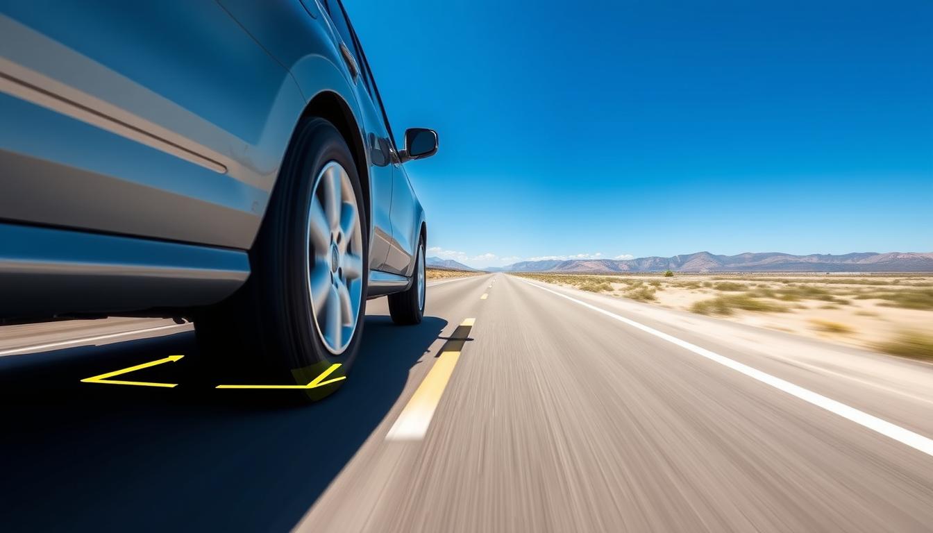 Vehicle with properly aligned wheels driving smoothly on road