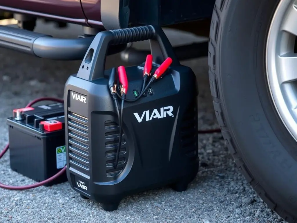 Viair 88P Portable Compressor connected to car battery