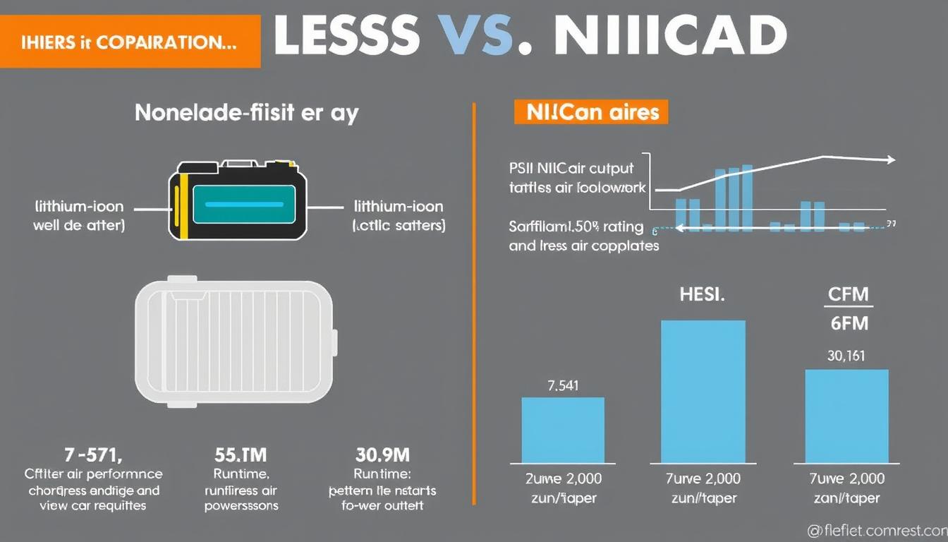 Visual comparison of different battery types and their performance metrics for cordless air compressors