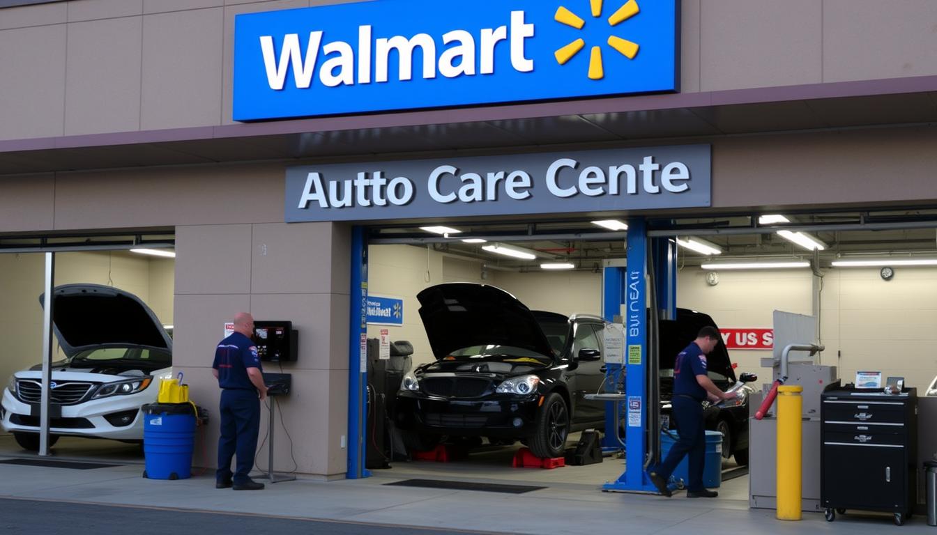 Walmart Auto Care Center with alignment service bay and technicians working on vehicles