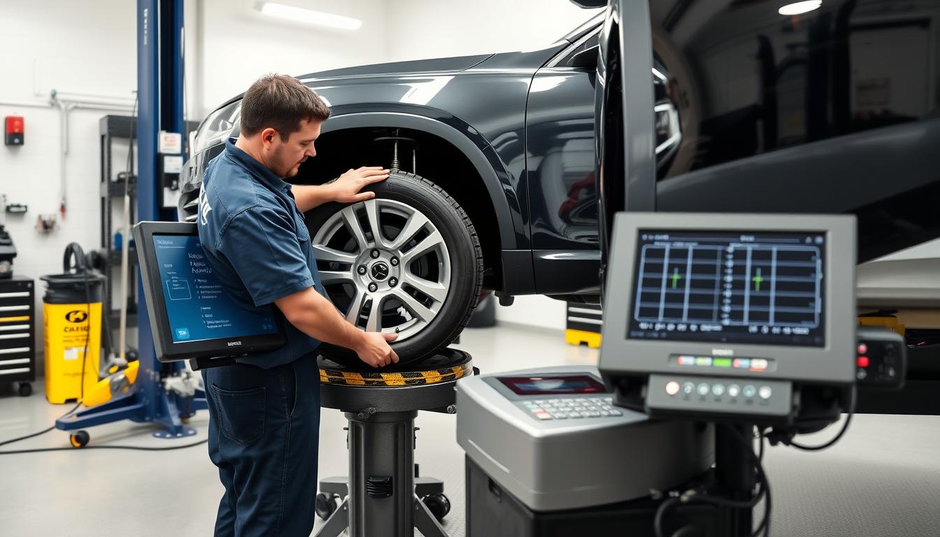 Wheel alignment being performed at an auto shop showing alignment equipment connected to a vehicle's wheels