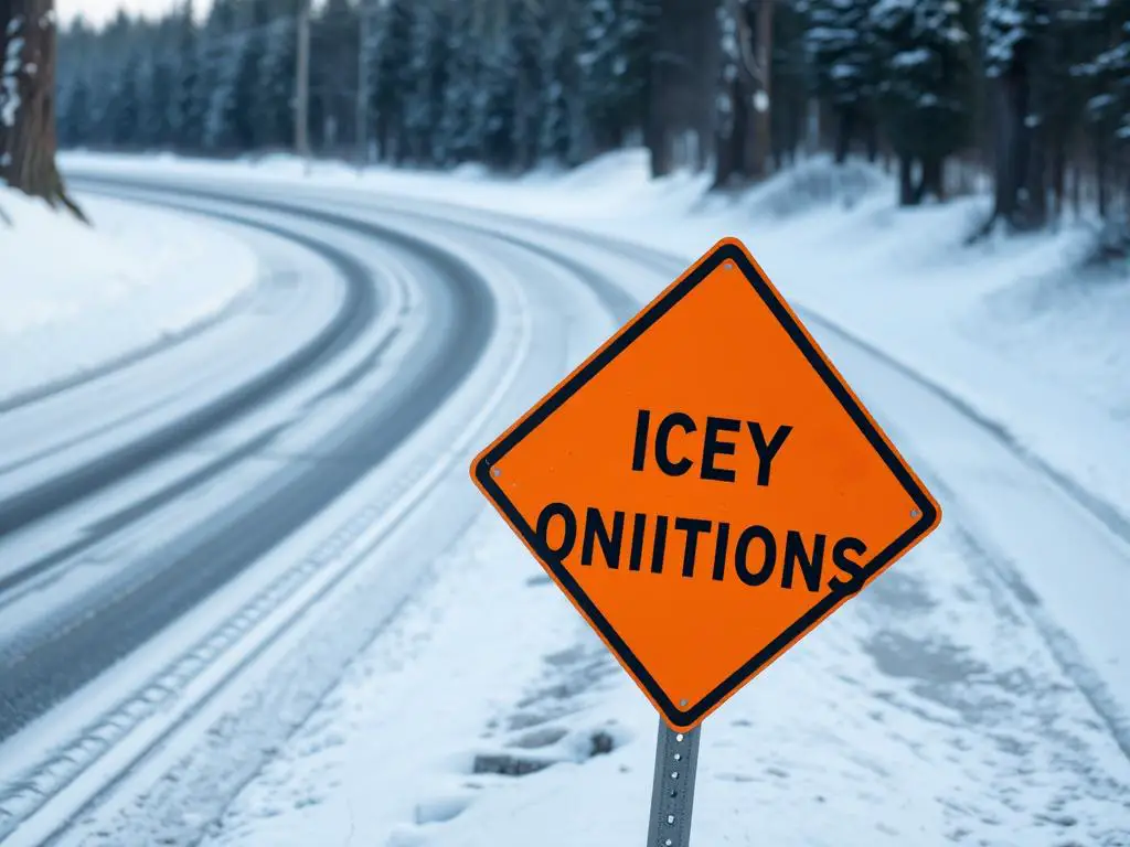 Winter road warning sign with snow-covered road in background