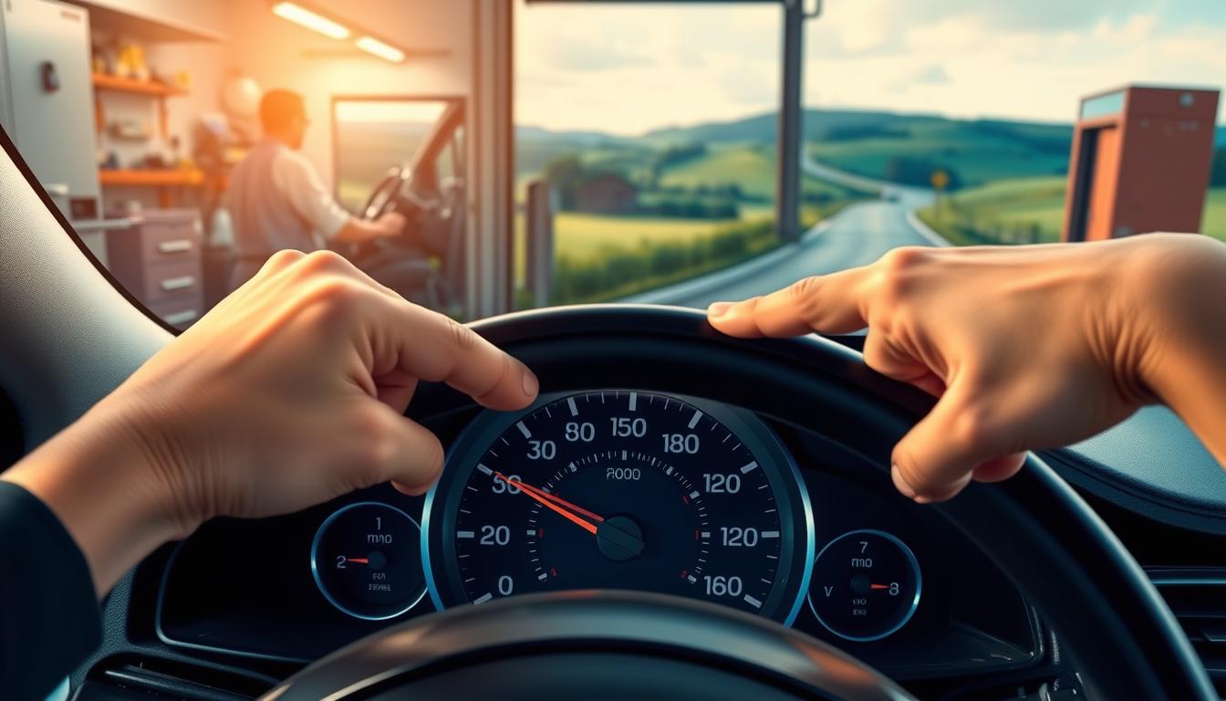 A detailed illustration of mileage milestones and scheduled inspections for a well-maintained car. In the foreground, a car dashboard displays the odometer with incremental mileage markers. A mechanic's hand points to specific milestone readings, emphasizing the importance of timely inspections. In the middle ground, a garage interior with tools and equipment reflects the setting for professional servicing. The background depicts a scenic country road, conveying the journey and longevity of the vehicle. Soft, warm lighting illuminates the scene, creating a sense of care and diligence in vehicle upkeep. Captured with a wide-angle lens to showcase the comprehensive nature of scheduled maintenance.