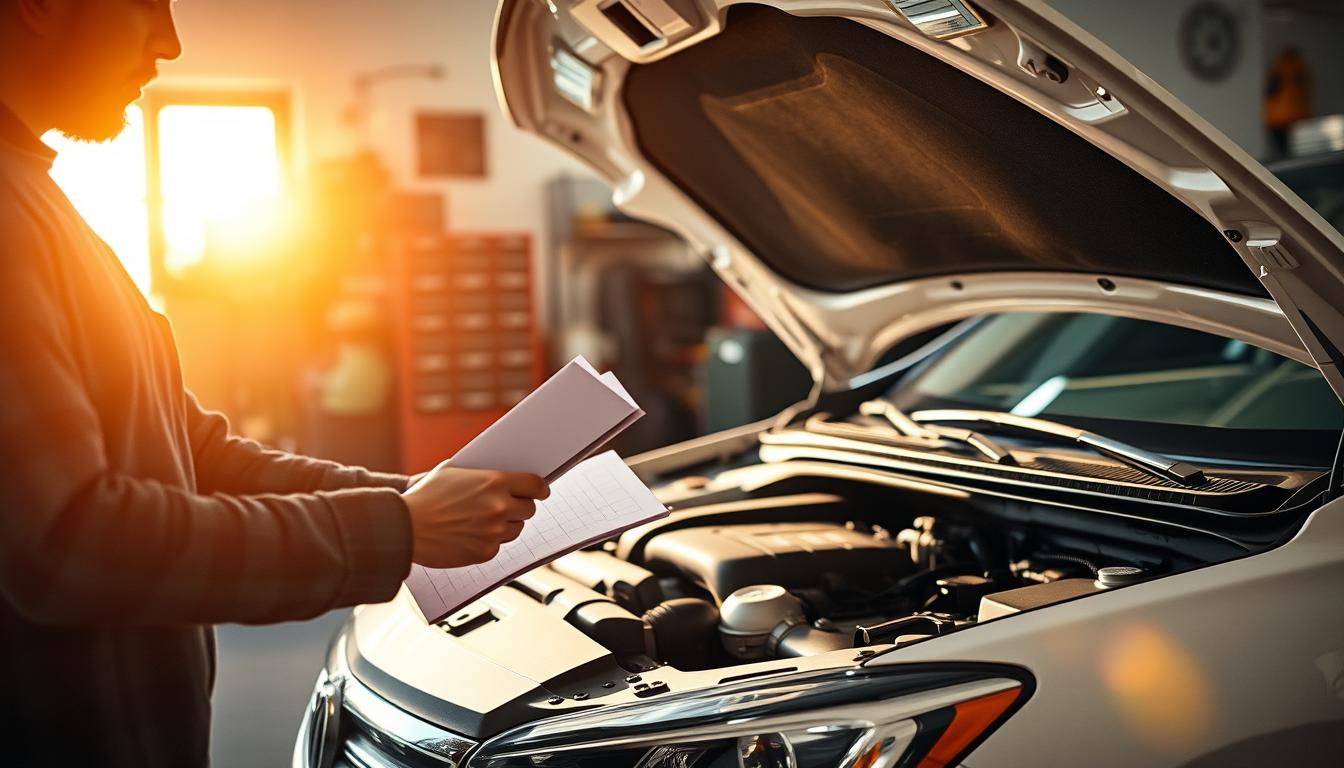 A person carrying a checklist and inspecting a well-maintained car engine, illuminated by warm natural lighting filtering through a window. The scene conveys a sense of diligence and attention to detail, with the mechanic's focused expression and the organized tools and parts in the background. The car's exterior is clean and gleaming, reflecting the owner's commitment to regular maintenance. The overall atmosphere is one of organized efficiency, promoting the hassle-free nature of scheduled car care.
