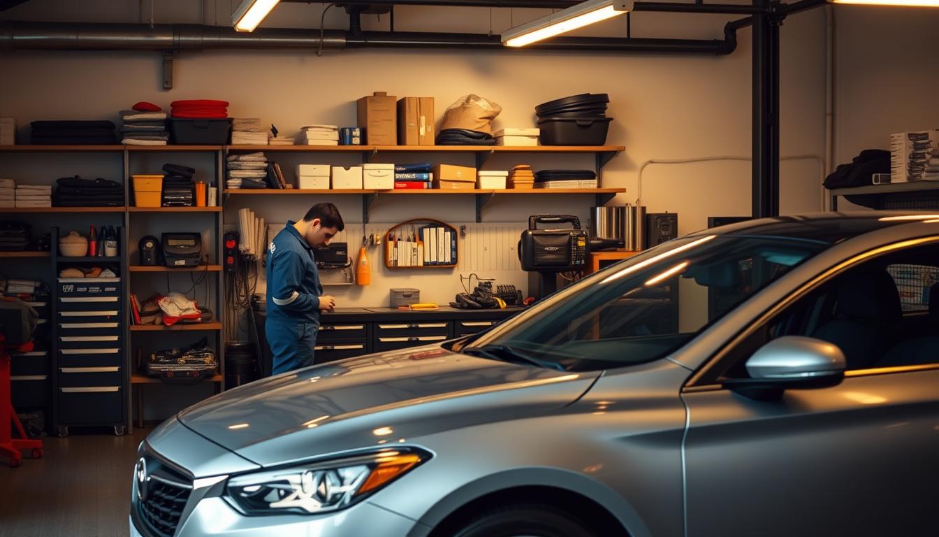 A well-lit garage interior, with a mid-range sedan parked in the foreground. The car's hood is open, revealing the engine compartment. In the middle ground, a mechanic in a blue jumpsuit is performing various routine maintenance tasks, such as checking fluid levels, inspecting belts and hoses, and changing the oil filter. The background features shelves stocked with automotive supplies, tools, and diagnostic equipment. The lighting is warm and inviting, with soft shadows and highlights accentuating the scene. The overall atmosphere conveys a sense of diligence, organization, and attention to detail in the process of maintaining a vehicle.