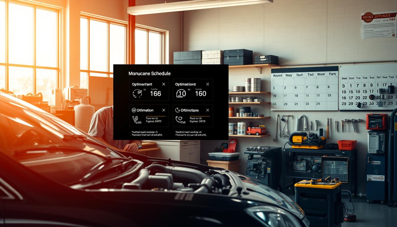 A well-organized workshop interior, brightly lit with warm, natural lighting from large windows. In the foreground, a mechanic meticulously examines a car's engine, surrounded by a variety of tools and equipment neatly arranged on a workbench. In the middle ground, a digital display shows detailed maintenance schedules and optimization suggestions. The background features shelves stocked with replacement parts and a calendar highlighting scheduled service intervals. The overall atmosphere conveys a sense of efficiency, attention to detail, and a commitment to maintaining the long-term health of the vehicle.